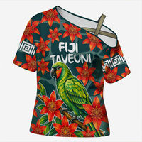 Fiji Taveuni Parrot Cross Shoulder Shirt Tropical Waterfall Landscape With Floral Tribal Pattern