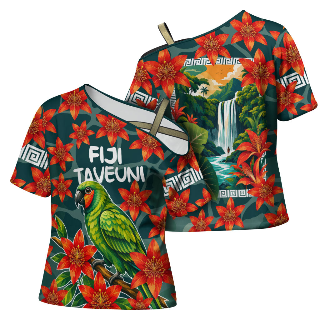 Fiji Taveuni Parrot Cross Shoulder Shirt Tropical Waterfall Landscape With Floral Tribal Pattern
