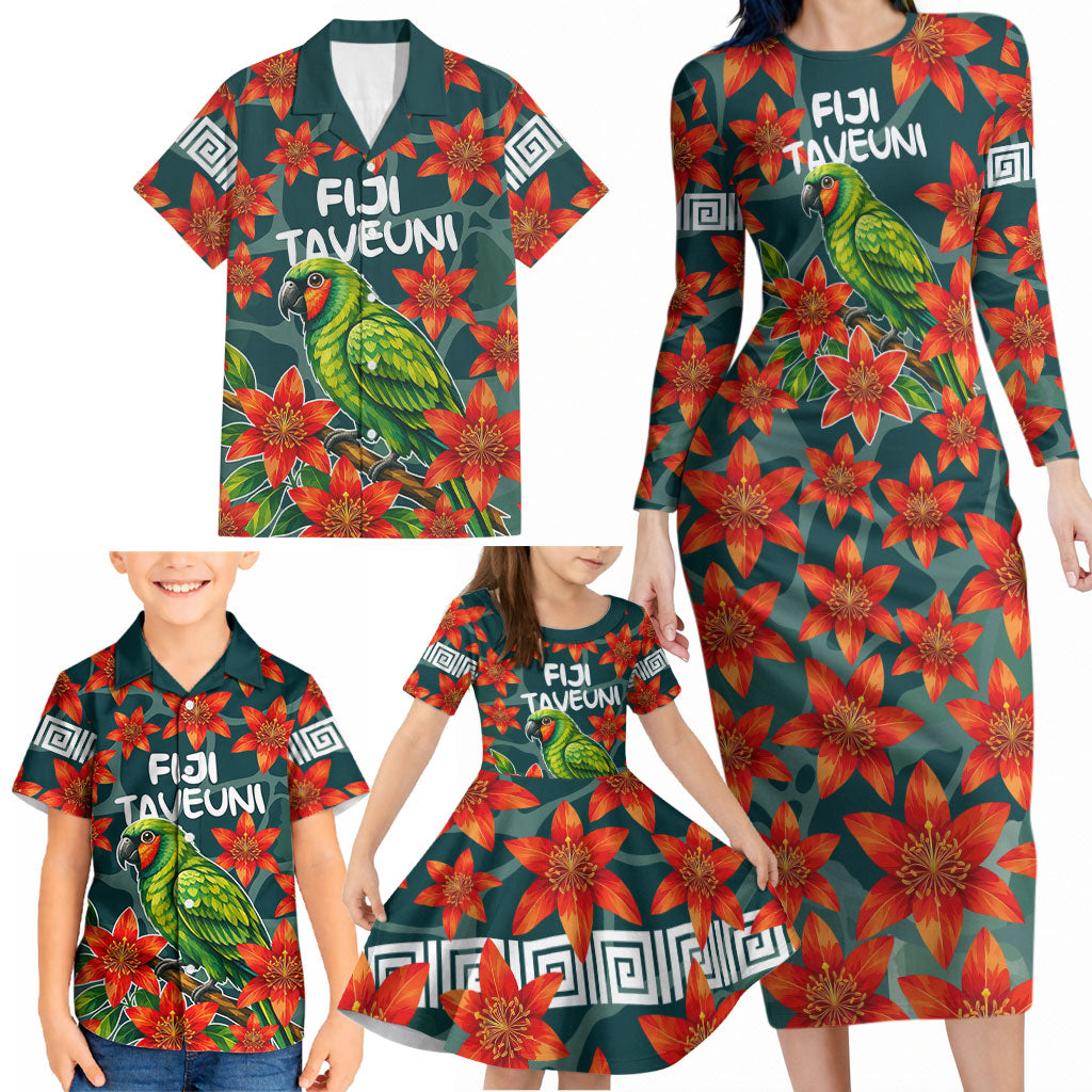 Fiji Taveuni Parrot Family Matching Long Sleeve Bodycon Dress and Hawaiian Shirt Tropical Waterfall Landscape With Floral Tribal Pattern TS04 - Polynesian Pride