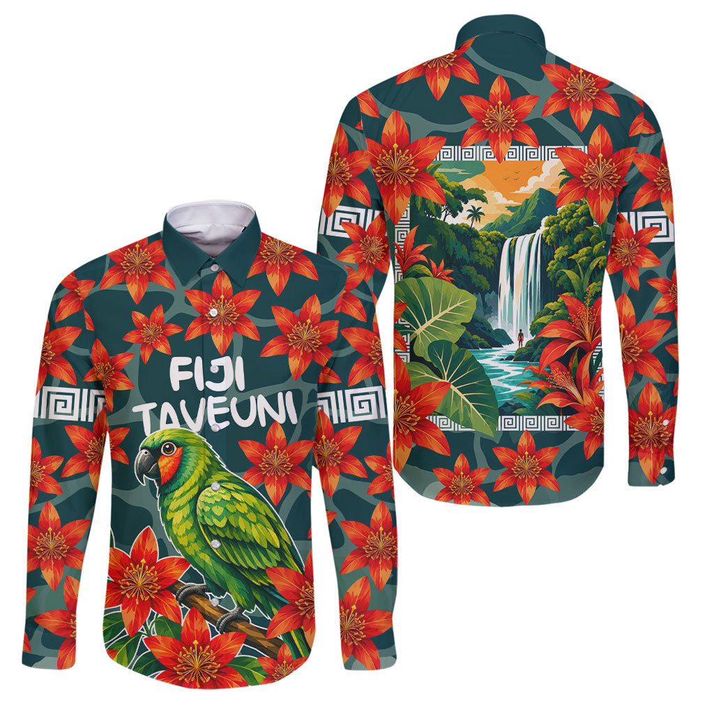 Fiji Taveuni Parrot Family Matching Long Sleeve Bodycon Dress and Hawaiian Shirt Tropical Waterfall Landscape With Floral Tribal Pattern