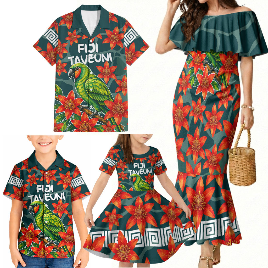 Fiji Taveuni Parrot Family Matching Mermaid Dress and Hawaiian Shirt Tropical Waterfall Landscape With Floral Tribal Pattern TS04 - Polynesian Pride