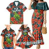 Fiji Taveuni Parrot Family Matching Mermaid Dress and Hawaiian Shirt Tropical Waterfall Landscape With Floral Tribal Pattern