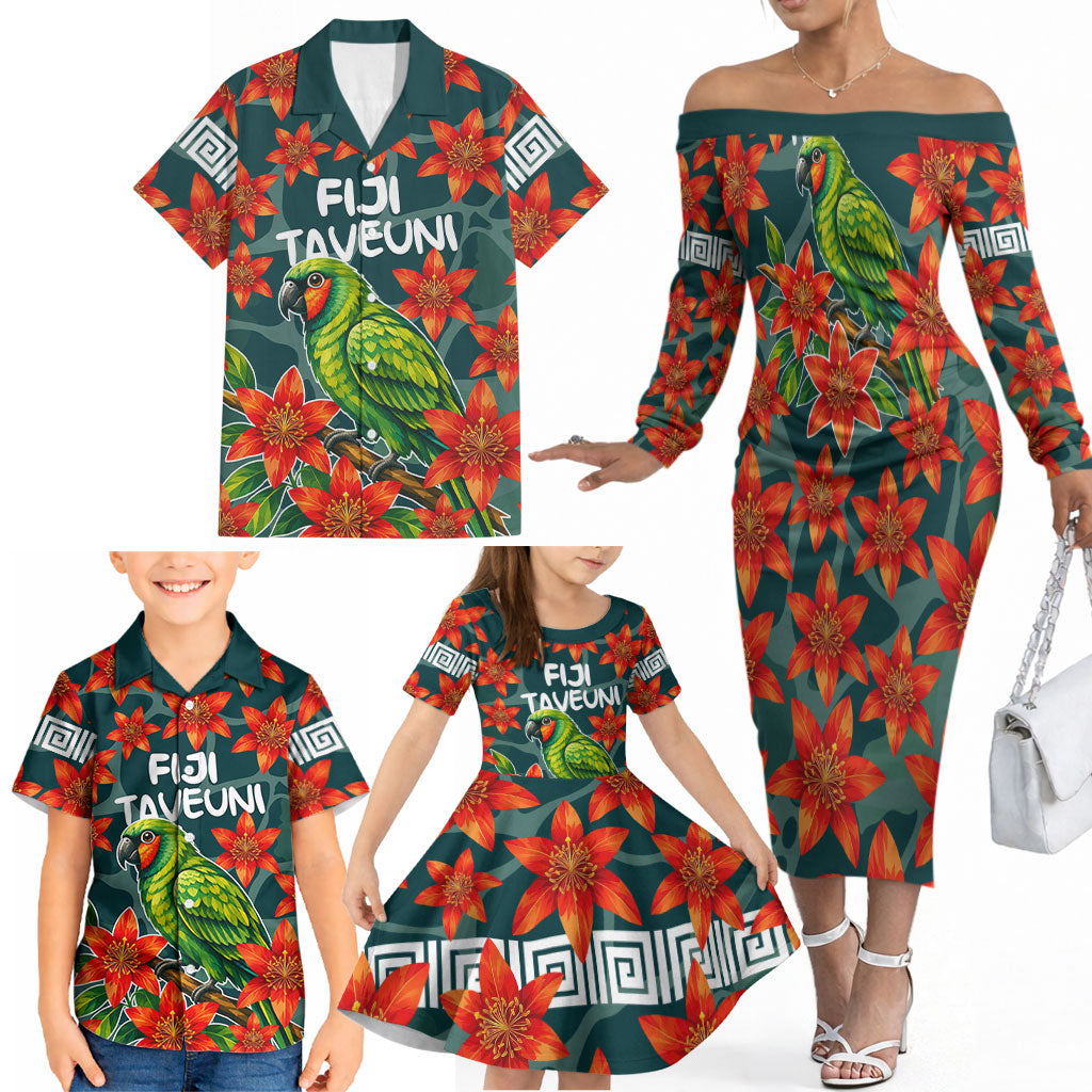 Fiji Taveuni Parrot Family Matching Off The Shoulder Long Sleeve Dress and Hawaiian Shirt Tropical Waterfall Landscape With Floral Tribal Pattern TS04 - Polynesian Pride