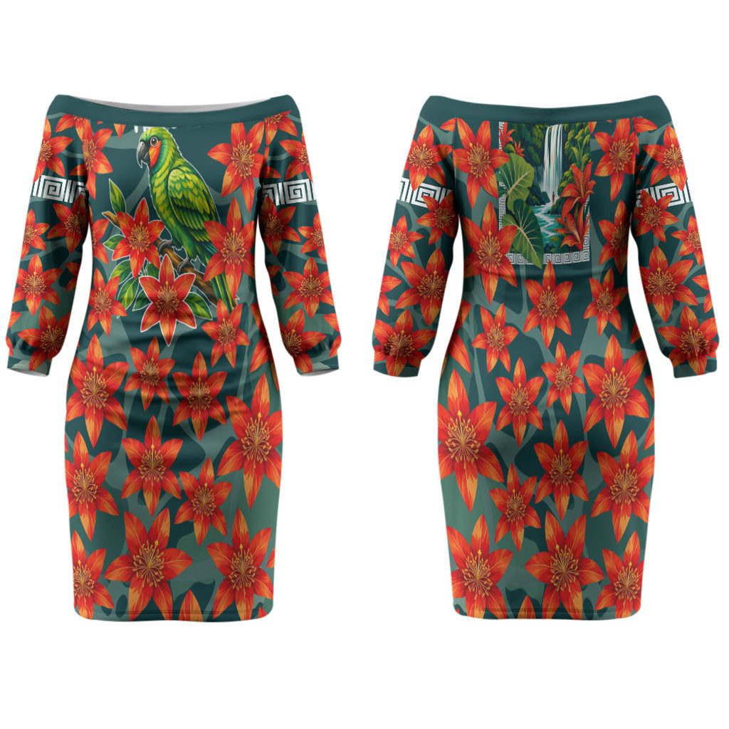 Fiji Taveuni Parrot Family Matching Off The Shoulder Long Sleeve Dress and Hawaiian Shirt Tropical Waterfall Landscape With Floral Tribal Pattern