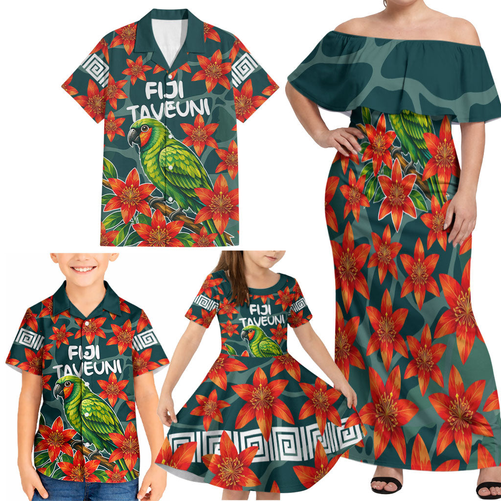 Fiji Taveuni Parrot Family Matching Off Shoulder Maxi Dress and Hawaiian Shirt Tropical Waterfall Landscape With Floral Tribal Pattern TS04 - Polynesian Pride