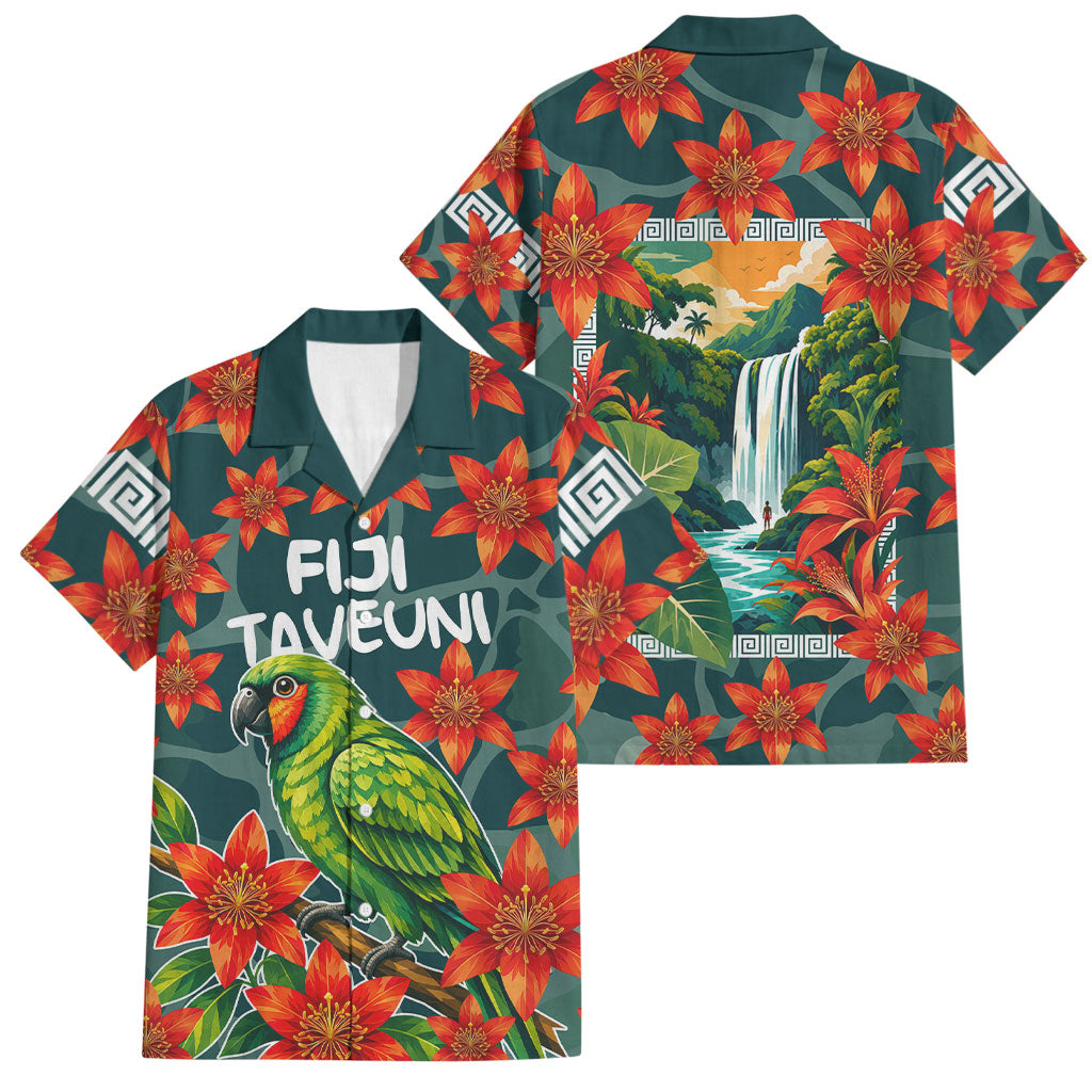 Fiji Taveuni Parrot Family Matching Off Shoulder Maxi Dress and Hawaiian Shirt Tropical Waterfall Landscape With Floral Tribal Pattern