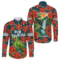 Fiji Taveuni Parrot Family Matching Off Shoulder Maxi Dress and Hawaiian Shirt Tropical Waterfall Landscape With Floral Tribal Pattern