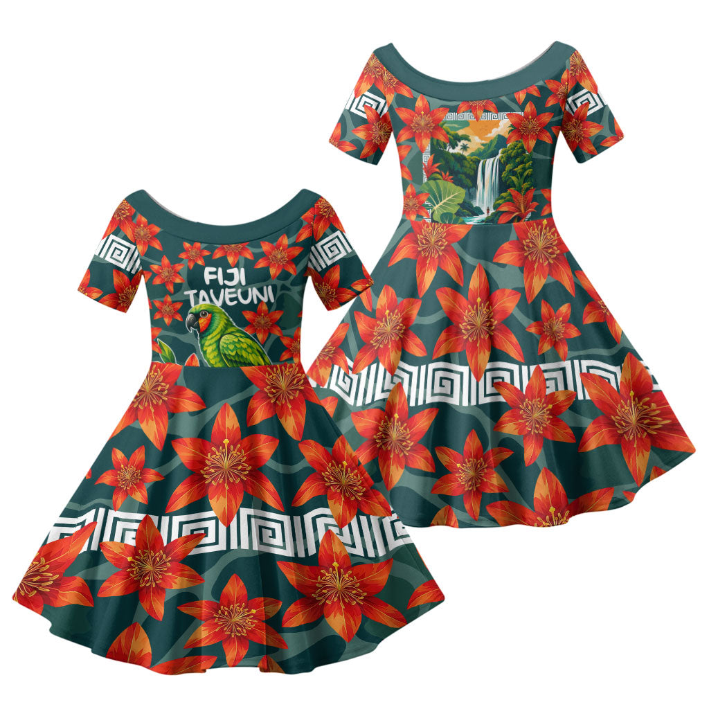 Fiji Taveuni Parrot Family Matching Off Shoulder Maxi Dress and Hawaiian Shirt Tropical Waterfall Landscape With Floral Tribal Pattern