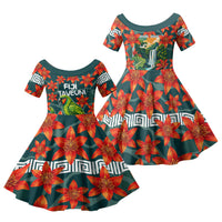 Fiji Taveuni Parrot Family Matching Off Shoulder Maxi Dress and Hawaiian Shirt Tropical Waterfall Landscape With Floral Tribal Pattern