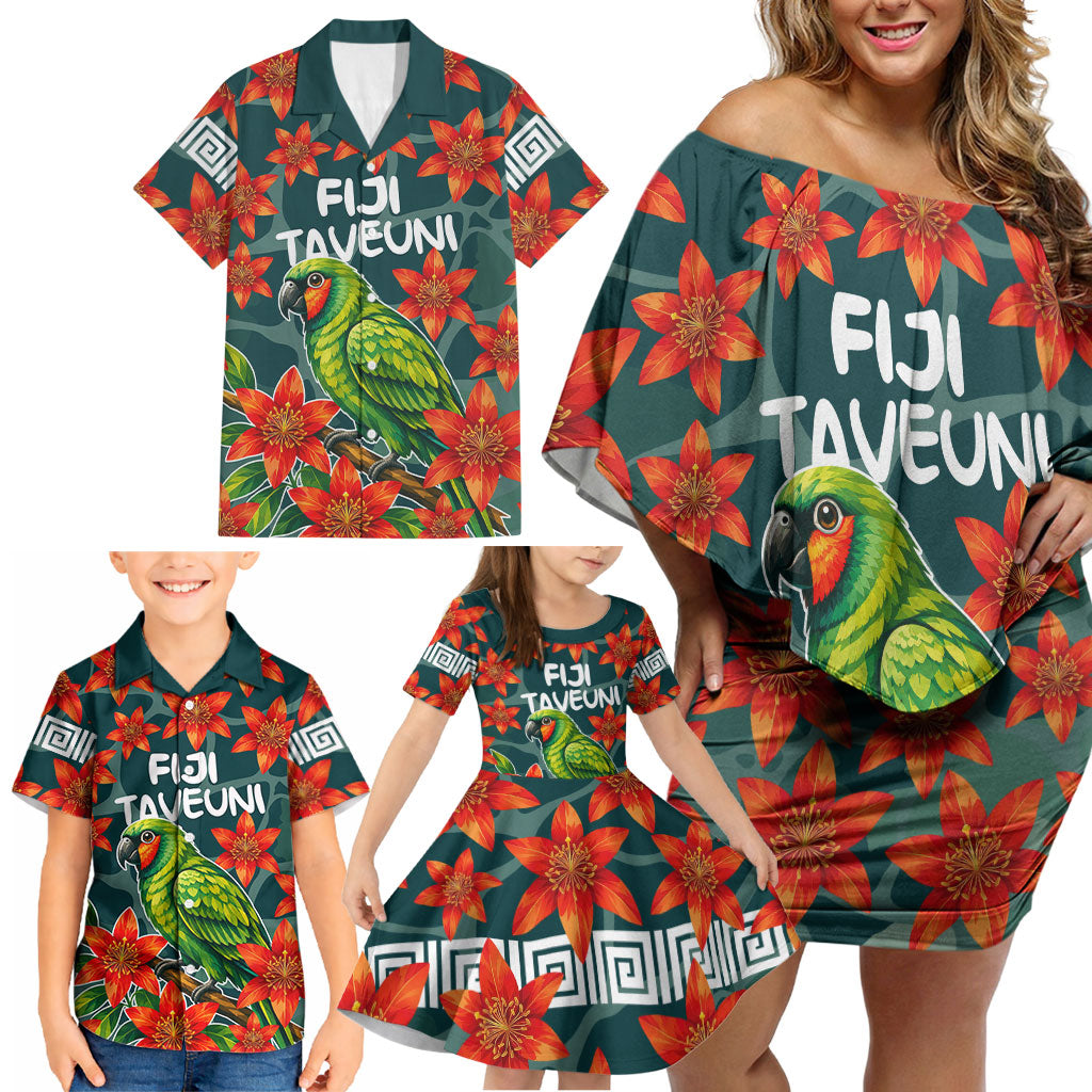 Fiji Taveuni Parrot Family Matching Off Shoulder Short Dress and Hawaiian Shirt Tropical Waterfall Landscape With Floral Tribal Pattern TS04 - Polynesian Pride