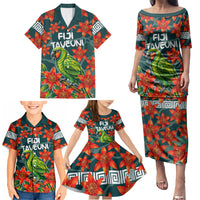Fiji Taveuni Parrot Family Matching Puletasi and Hawaiian Shirt Tropical Waterfall Landscape With Floral Tribal Pattern