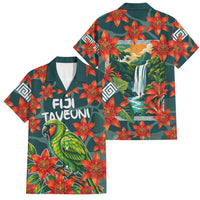 Fiji Taveuni Parrot Family Matching Short Sleeve Bodycon Dress and Hawaiian Shirt Tropical Waterfall Landscape With Floral Tribal Pattern