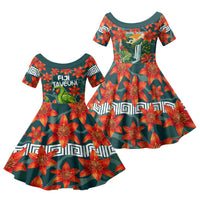 Fiji Taveuni Parrot Family Matching Summer Maxi Dress and Hawaiian Shirt Tropical Waterfall Landscape With Floral Tribal Pattern
