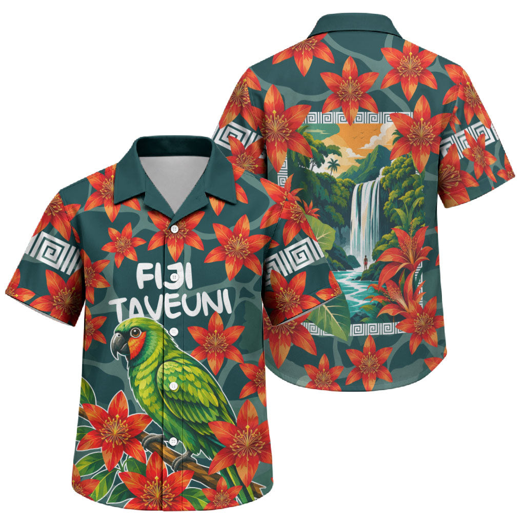 Fiji Taveuni Parrot Family Matching Tank Maxi Dress and Hawaiian Shirt Tropical Waterfall Landscape With Floral Tribal Pattern