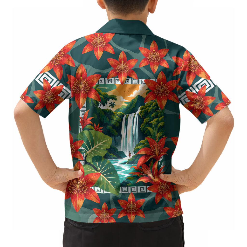 Fiji Taveuni Parrot Hawaiian Shirt Tropical Waterfall Landscape With Floral Tribal Pattern