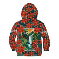 Fiji Taveuni Parrot Kid Hoodie Tropical Waterfall Landscape With Floral Tribal Pattern