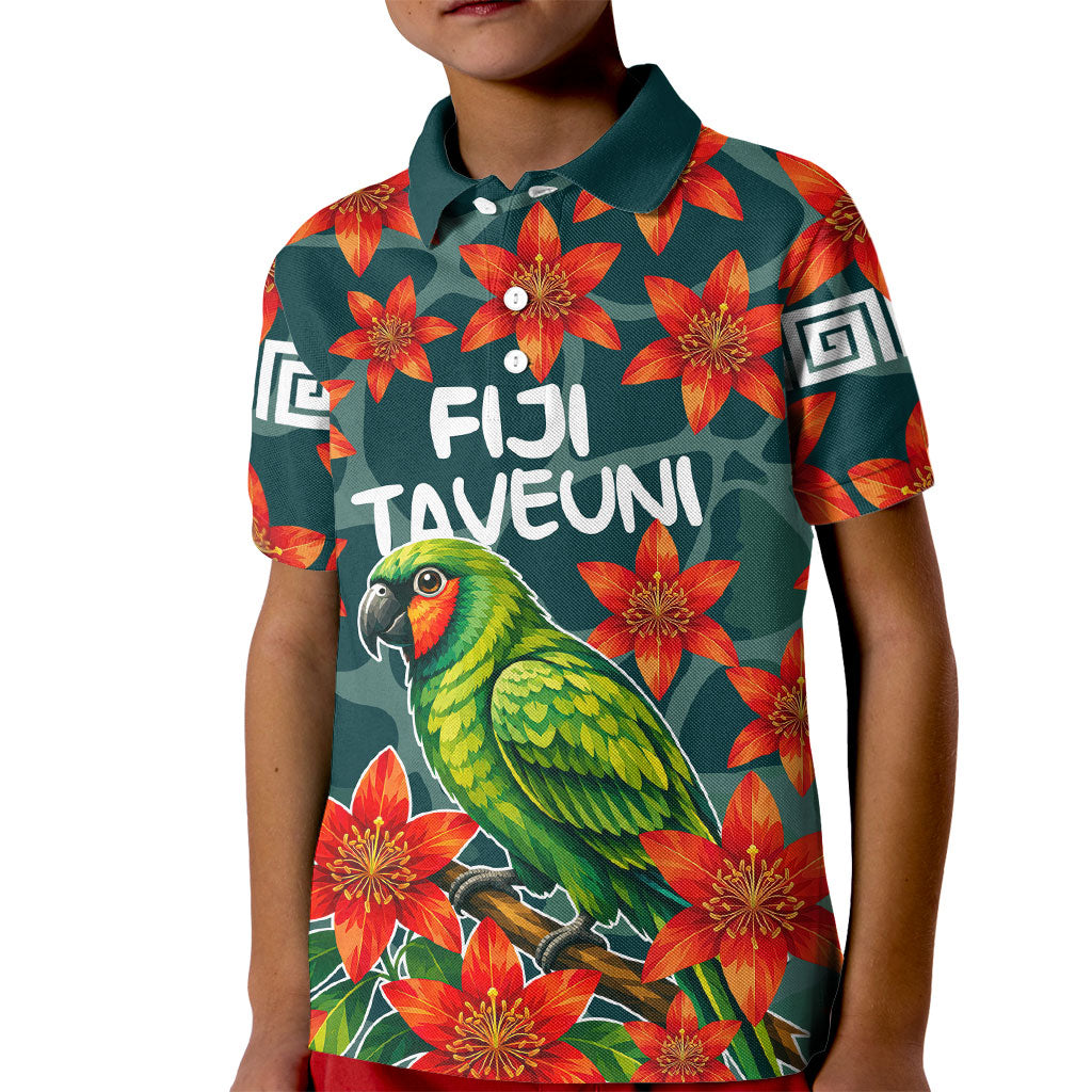 Fiji Taveuni Parrot Kid Polo Shirt Tropical Waterfall Landscape With Floral Tribal Pattern