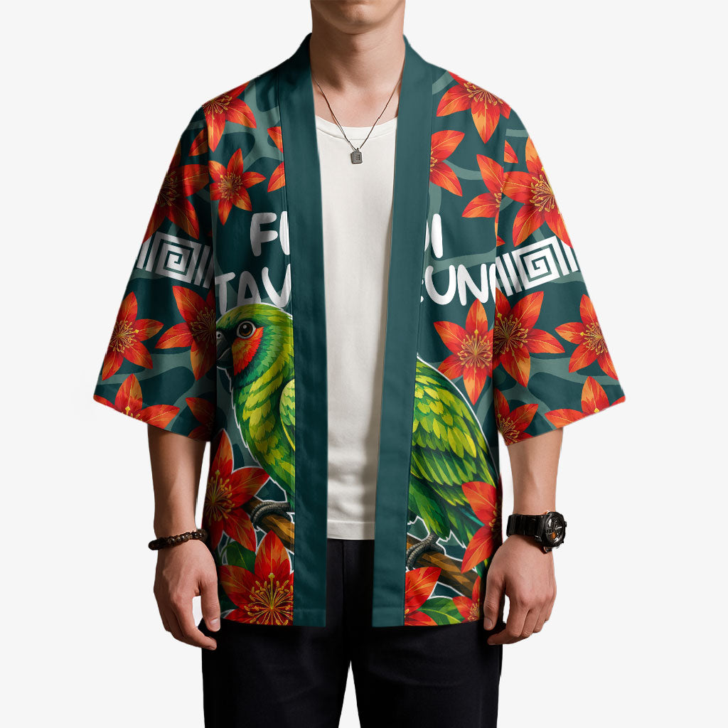 Fiji Taveuni Parrot Kimono Tropical Waterfall Landscape With Floral Tribal Pattern TS04 - Polynesian Pride