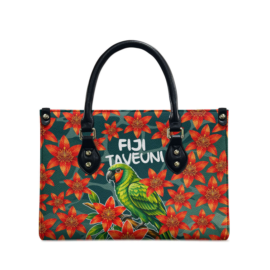 Fiji Taveuni Parrot Leather Bag Tropical Waterfall Landscape With Floral Tribal Pattern
