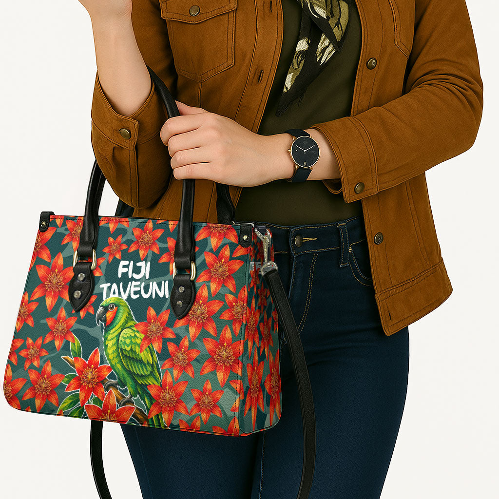 Fiji Taveuni Parrot Leather Bag Tropical Waterfall Landscape With Floral Tribal Pattern