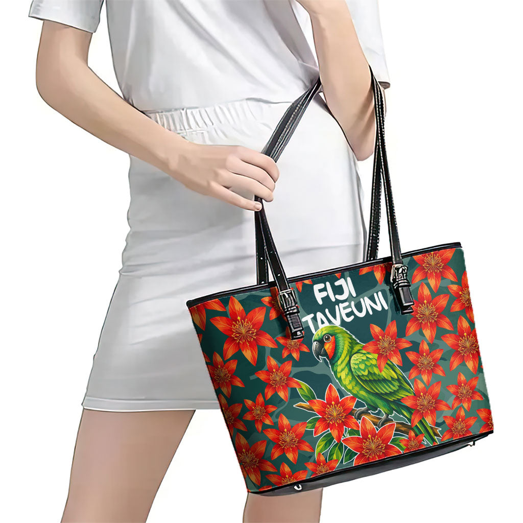 Fiji Taveuni Parrot Leather Tote Bag Tropical Waterfall Landscape With Floral Tribal Pattern
