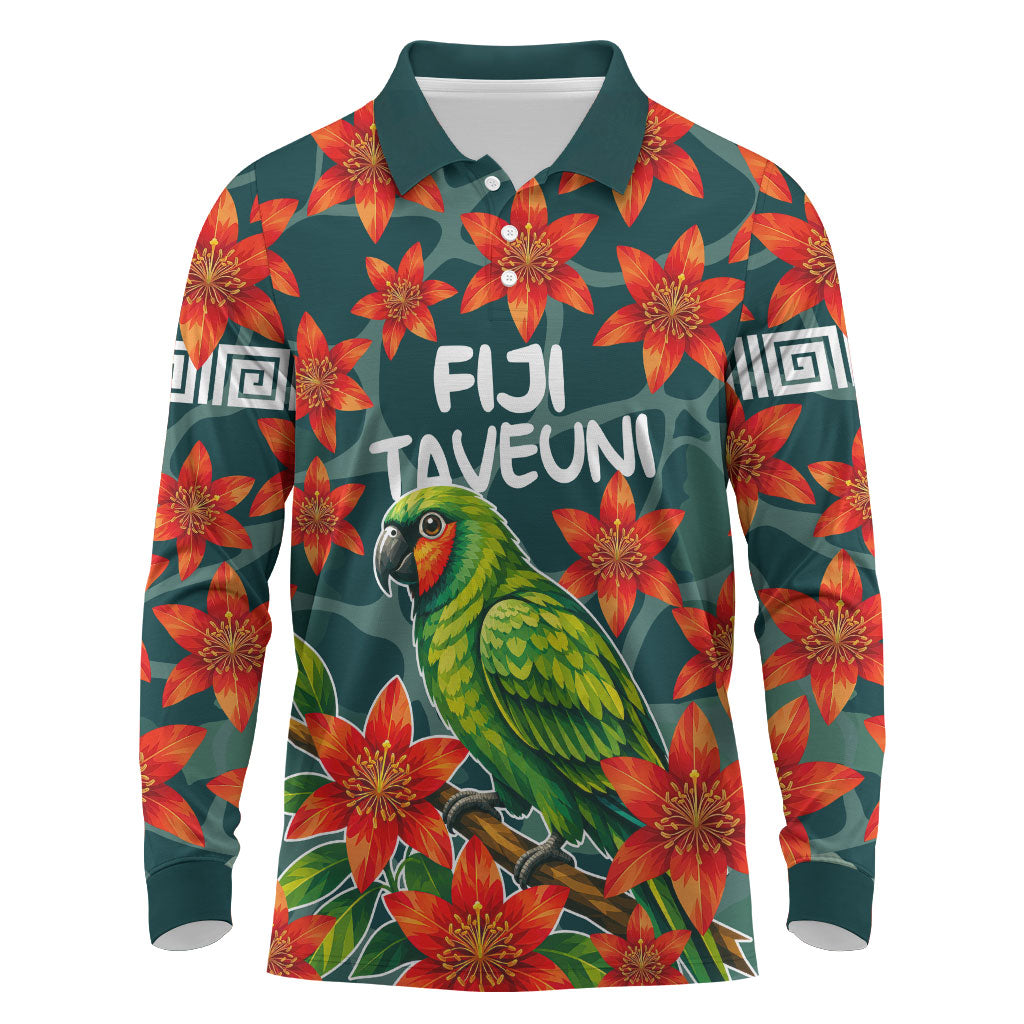 Fiji Taveuni Parrot Long Sleeve Polo Shirt Tropical Waterfall Landscape With Floral Tribal Pattern