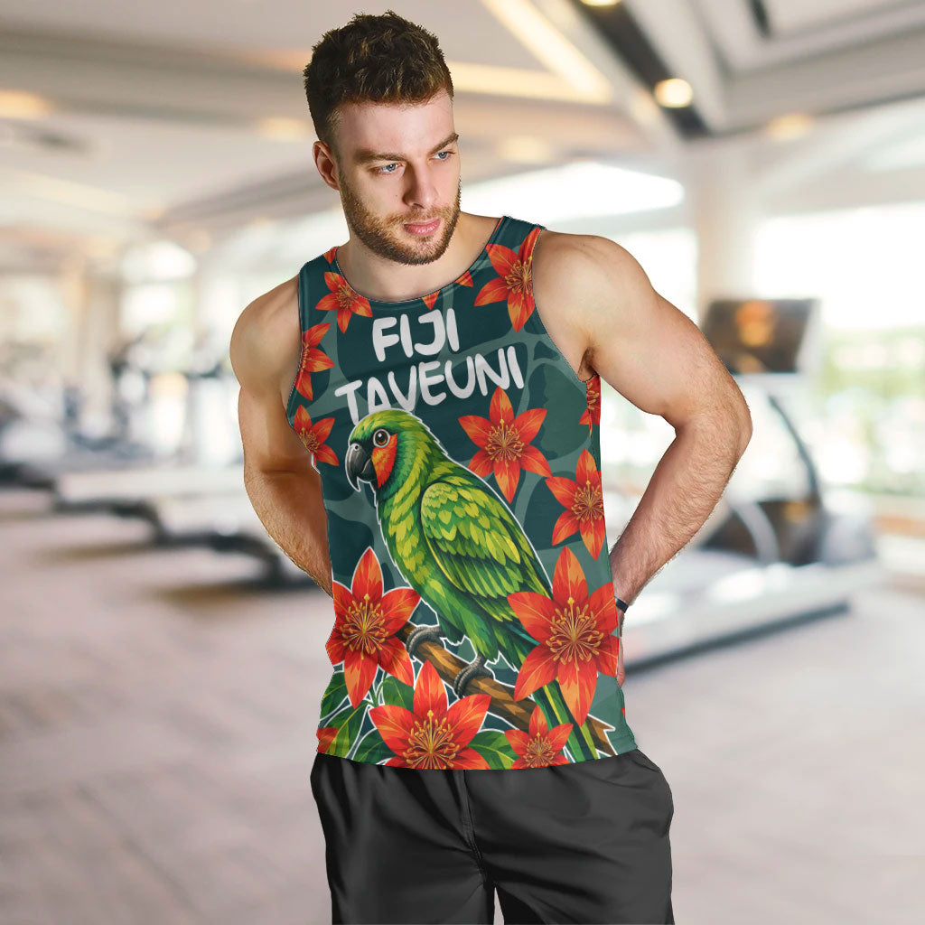 Fiji Taveuni Parrot Men Tank Top Tropical Waterfall Landscape With Floral Tribal Pattern