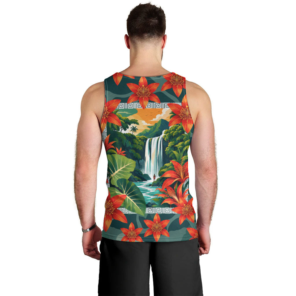 Fiji Taveuni Parrot Men Tank Top Tropical Waterfall Landscape With Floral Tribal Pattern