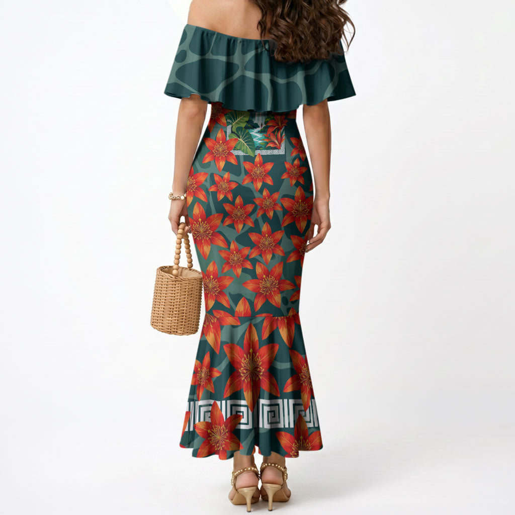 Fiji Taveuni Parrot Mermaid Dress Tropical Waterfall Landscape With Floral Tribal Pattern