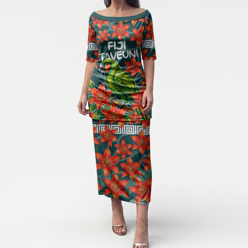 Fiji Taveuni Parrot Puletasi Tropical Waterfall Landscape With Floral Tribal Pattern