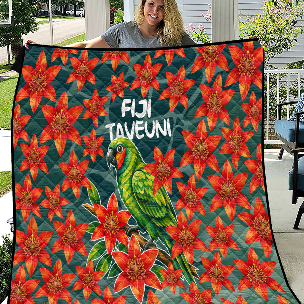 Fiji Taveuni Parrot Quilt Tropical Waterfall Landscape With Floral Tribal Pattern TS04 Green Orange - Polynesian Pride