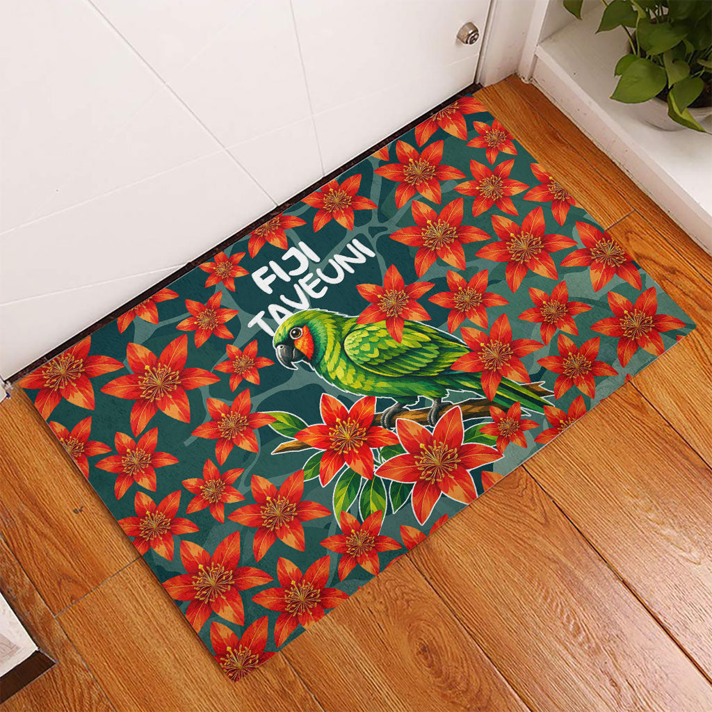 Fiji Taveuni Parrot Rubber Doormat Tropical Waterfall Landscape With Floral Tribal Pattern