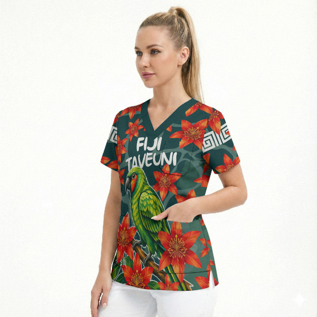 Fiji Taveuni Parrot Scrub Top Tropical Waterfall Landscape With Floral Tribal Pattern