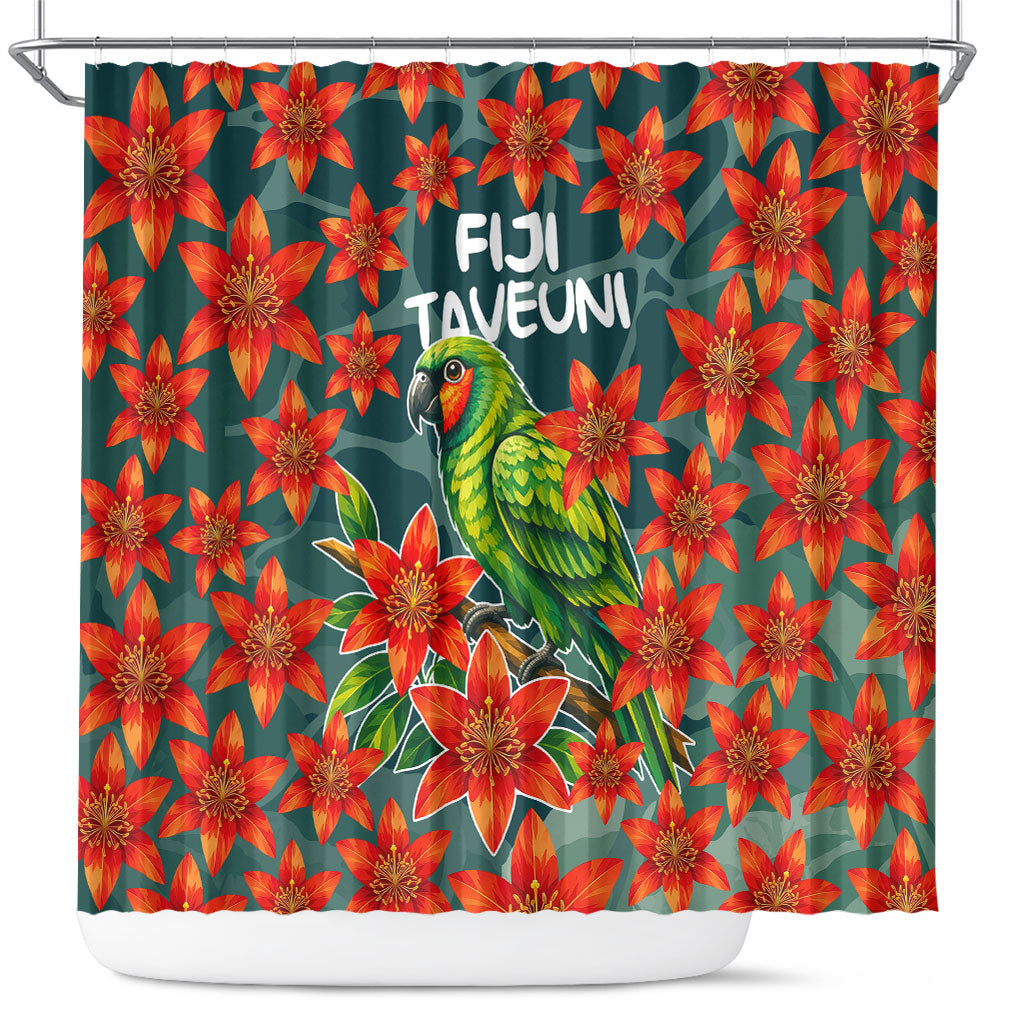 Fiji Taveuni Parrot Shower Curtain Tropical Waterfall Landscape With Floral Tribal Pattern