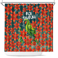 Fiji Taveuni Parrot Shower Curtain Tropical Waterfall Landscape With Floral Tribal Pattern