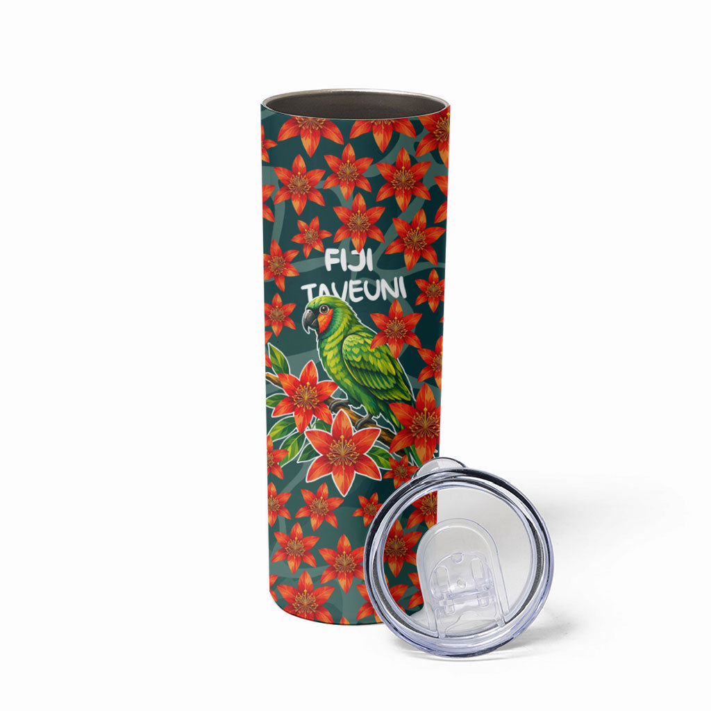 Fiji Taveuni Parrot Skinny Tumbler Tropical Waterfall Landscape With Floral Tribal Pattern