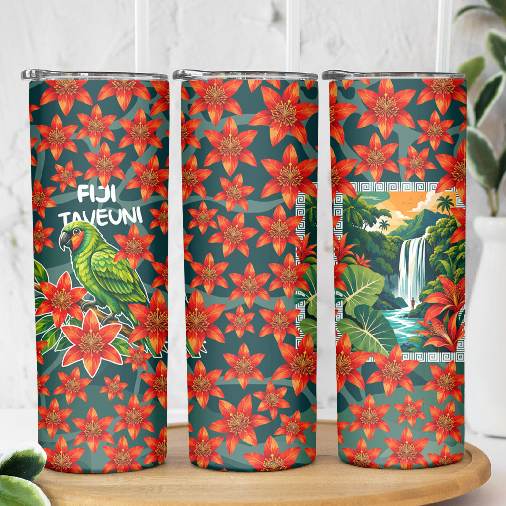 Fiji Taveuni Parrot Skinny Tumbler Tropical Waterfall Landscape With Floral Tribal Pattern