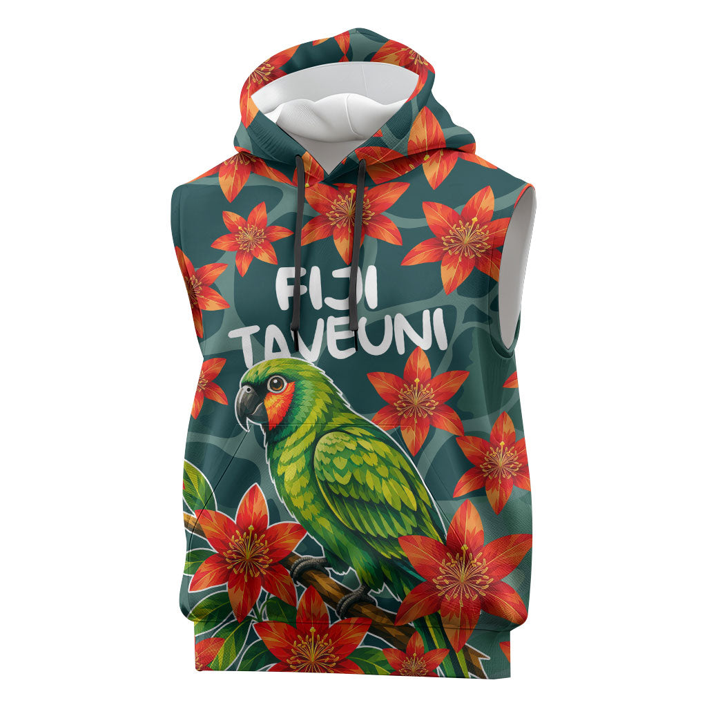Fiji Taveuni Parrot Sleeveless Hoodie Tropical Waterfall Landscape With Floral Tribal Pattern TS04 Green Orange - Polynesian Pride