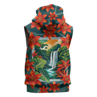 Fiji Taveuni Parrot Sleeveless Hoodie Tropical Waterfall Landscape With Floral Tribal Pattern