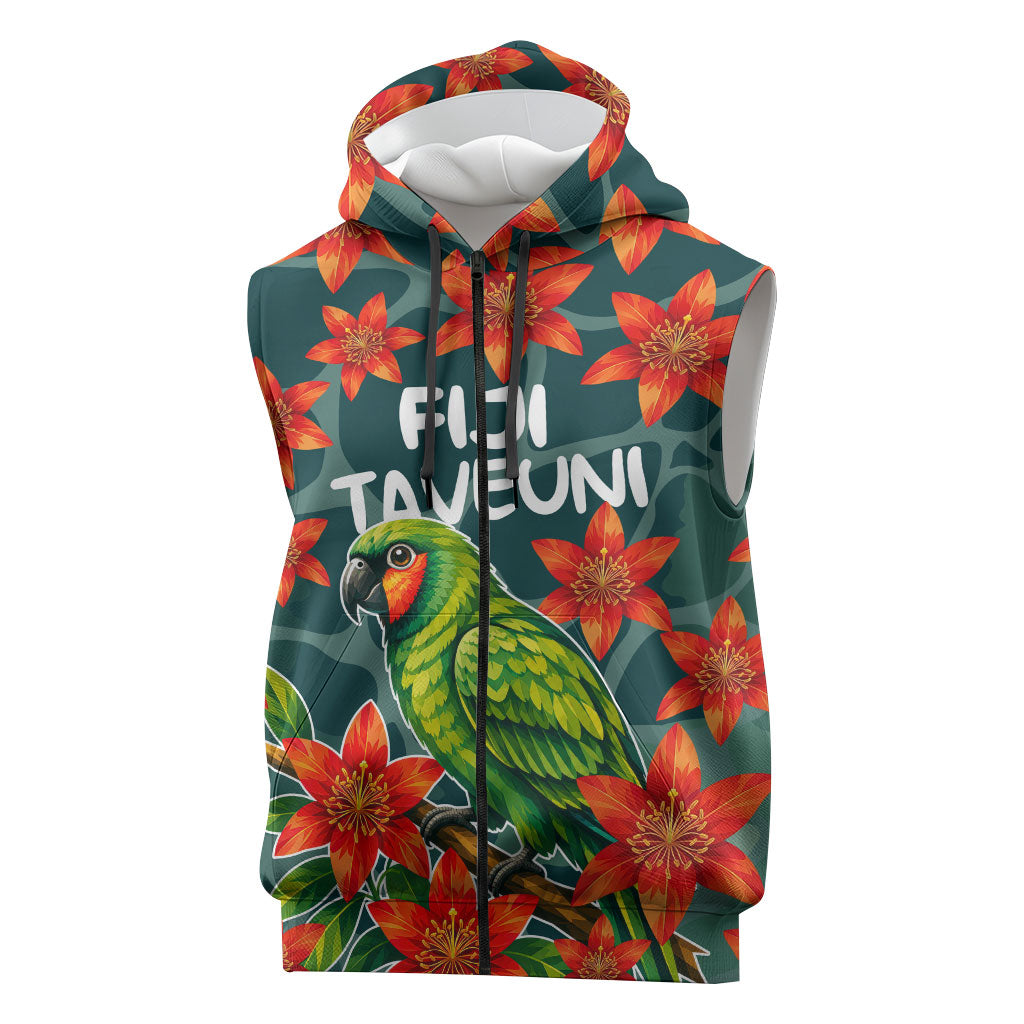 Fiji Taveuni Parrot Sleeveless Zip Hoodie Tropical Waterfall Landscape With Floral Tribal Pattern