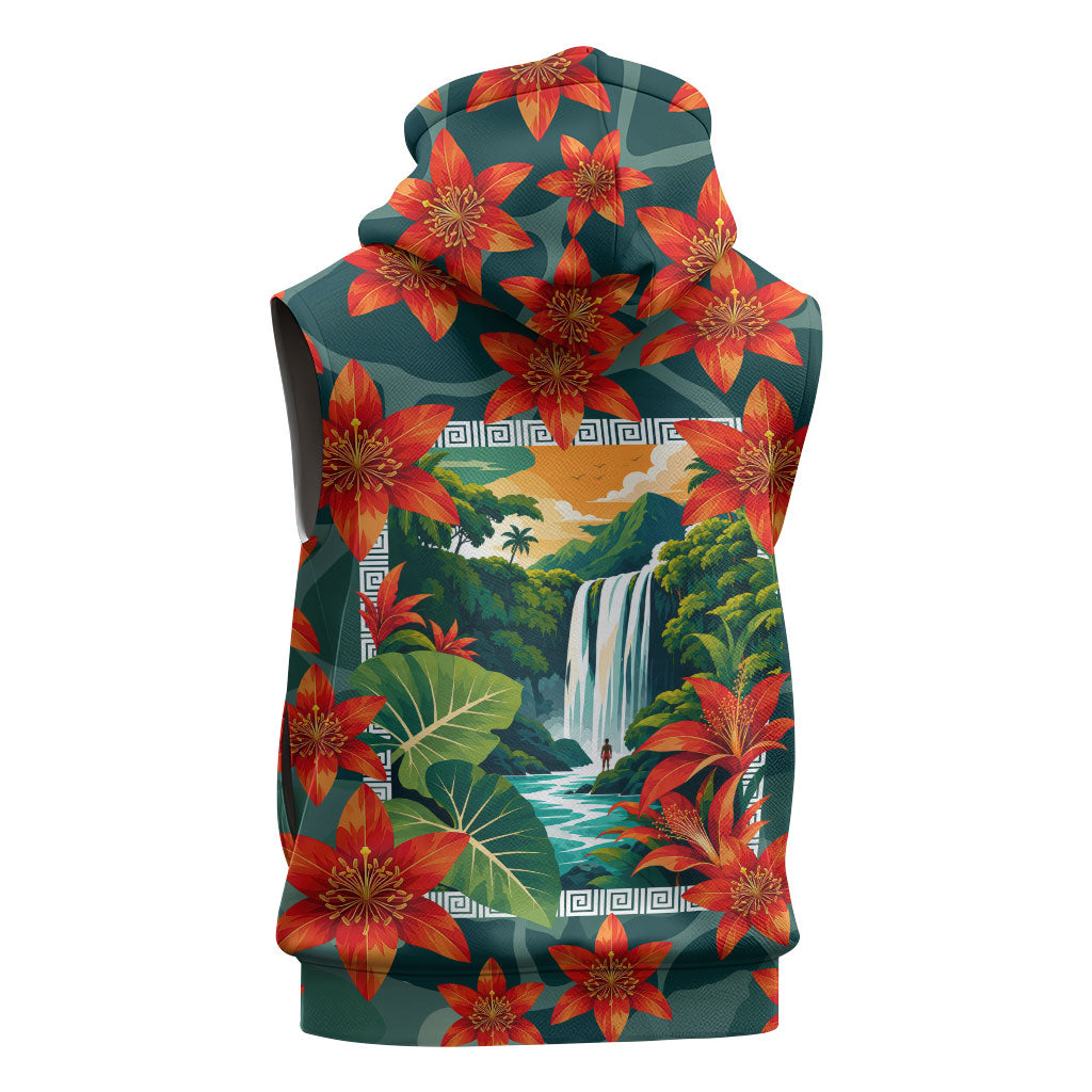 Fiji Taveuni Parrot Sleeveless Zip Hoodie Tropical Waterfall Landscape With Floral Tribal Pattern