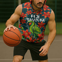 Fiji Taveuni Parrot Sleeveless Zip Hoodie Tropical Waterfall Landscape With Floral Tribal Pattern