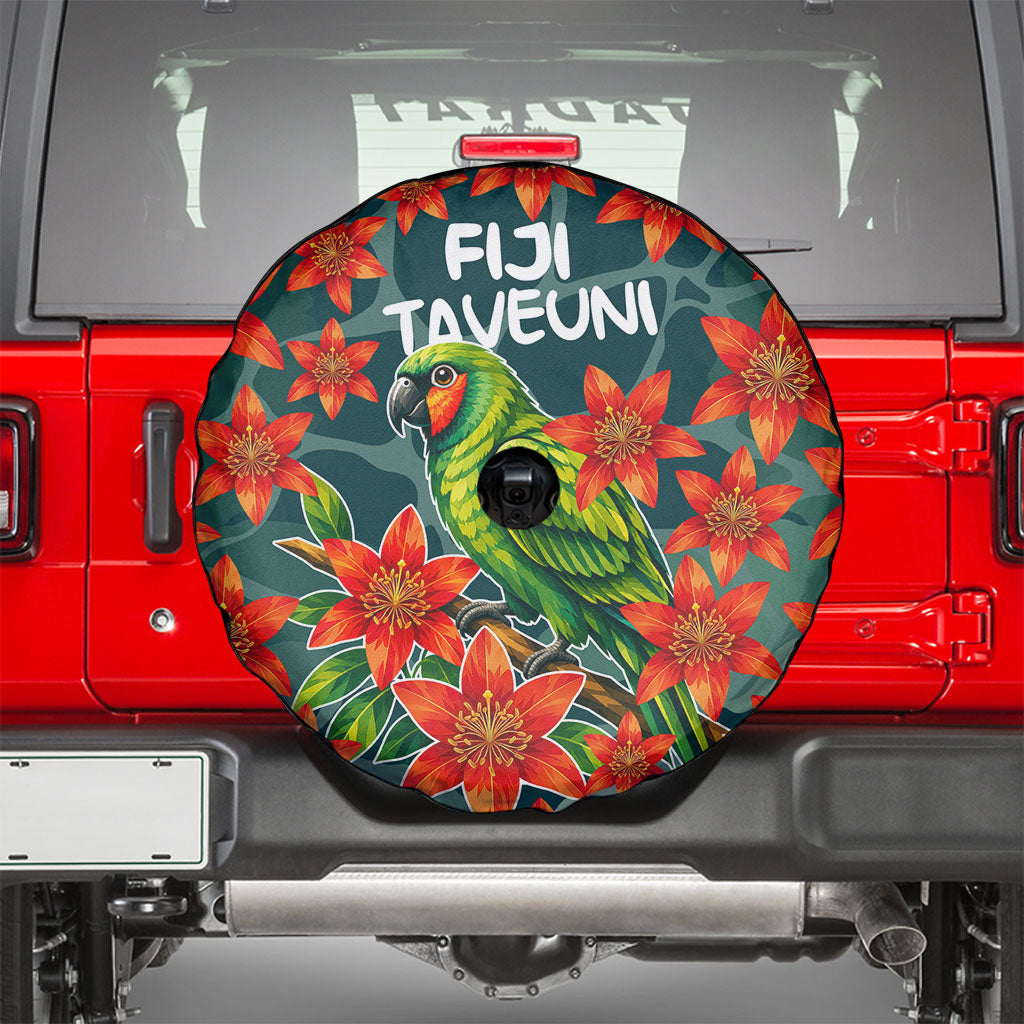 Fiji Taveuni Parrot Spare Tire Cover Tropical Waterfall Landscape With Floral Tribal Pattern