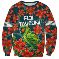 Fiji Taveuni Parrot Sweatshirt Tropical Waterfall Landscape With Floral Tribal Pattern