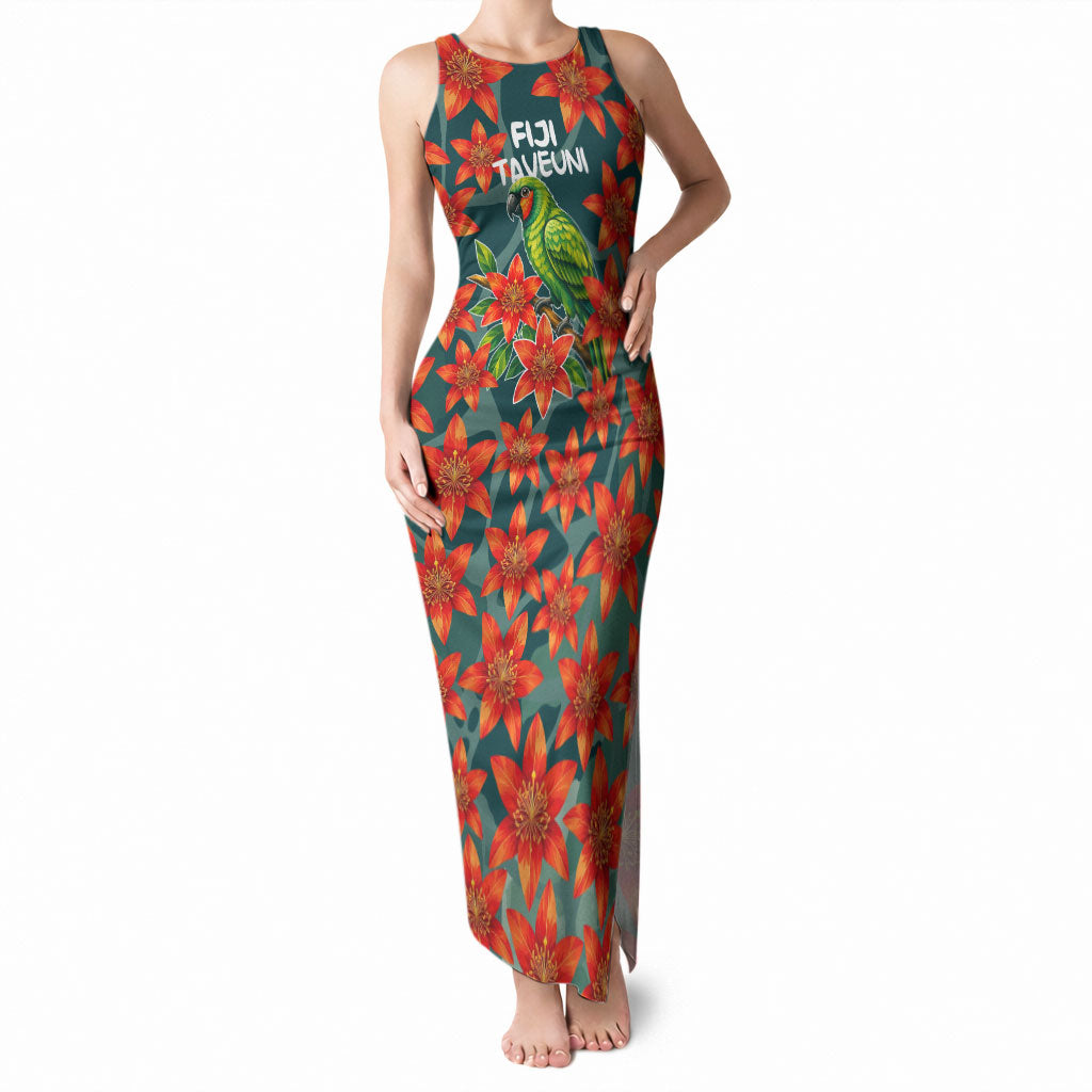Fiji Taveuni Parrot Tank Maxi Dress Tropical Waterfall Landscape With Floral Tribal Pattern