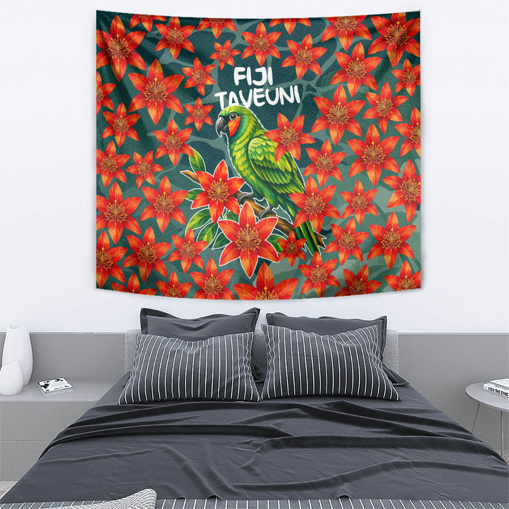 Fiji Taveuni Parrot Tapestry Tropical Waterfall Landscape With Floral Tribal Pattern