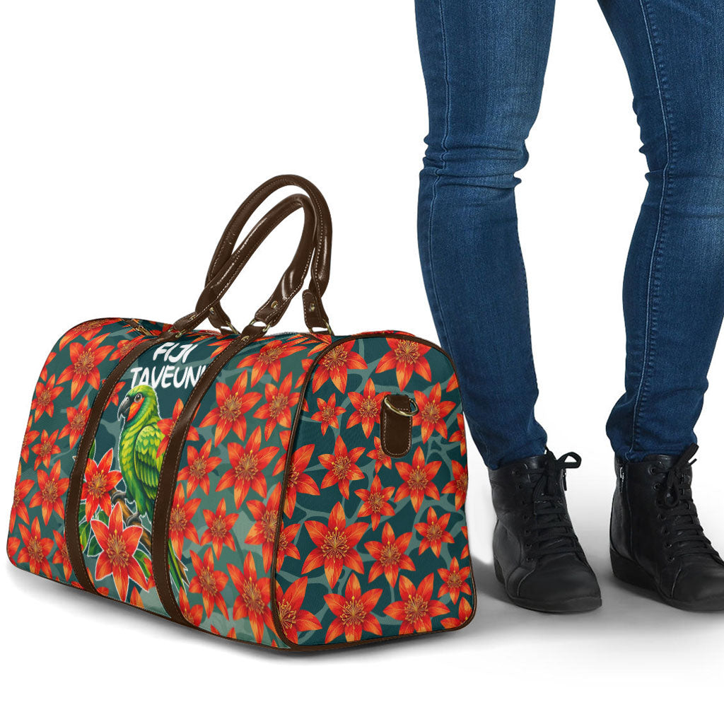 Fiji Taveuni Parrot Travel Bag Tropical Waterfall Landscape With Floral Tribal Pattern