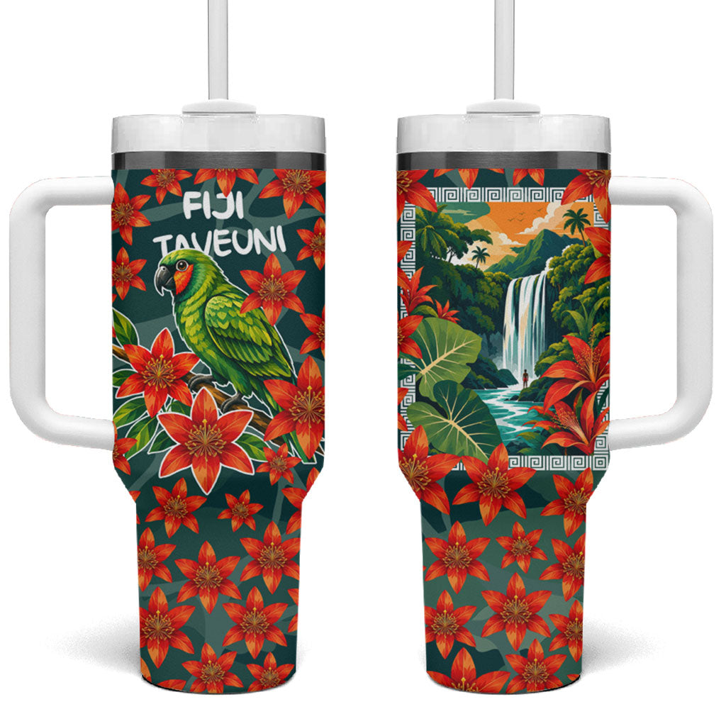 Fiji Taveuni Parrot Tumbler With Handle Tropical Waterfall Landscape With Floral Tribal Pattern