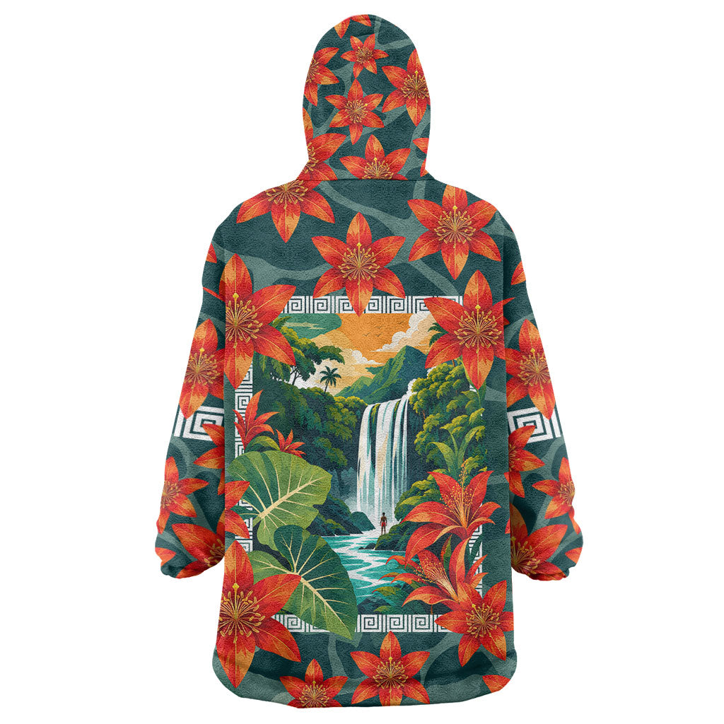 Fiji Taveuni Parrot Wearable Blanket Hoodie Tropical Waterfall Landscape With Floral Tribal Pattern