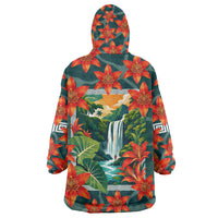 Fiji Taveuni Parrot Wearable Blanket Hoodie Tropical Waterfall Landscape With Floral Tribal Pattern